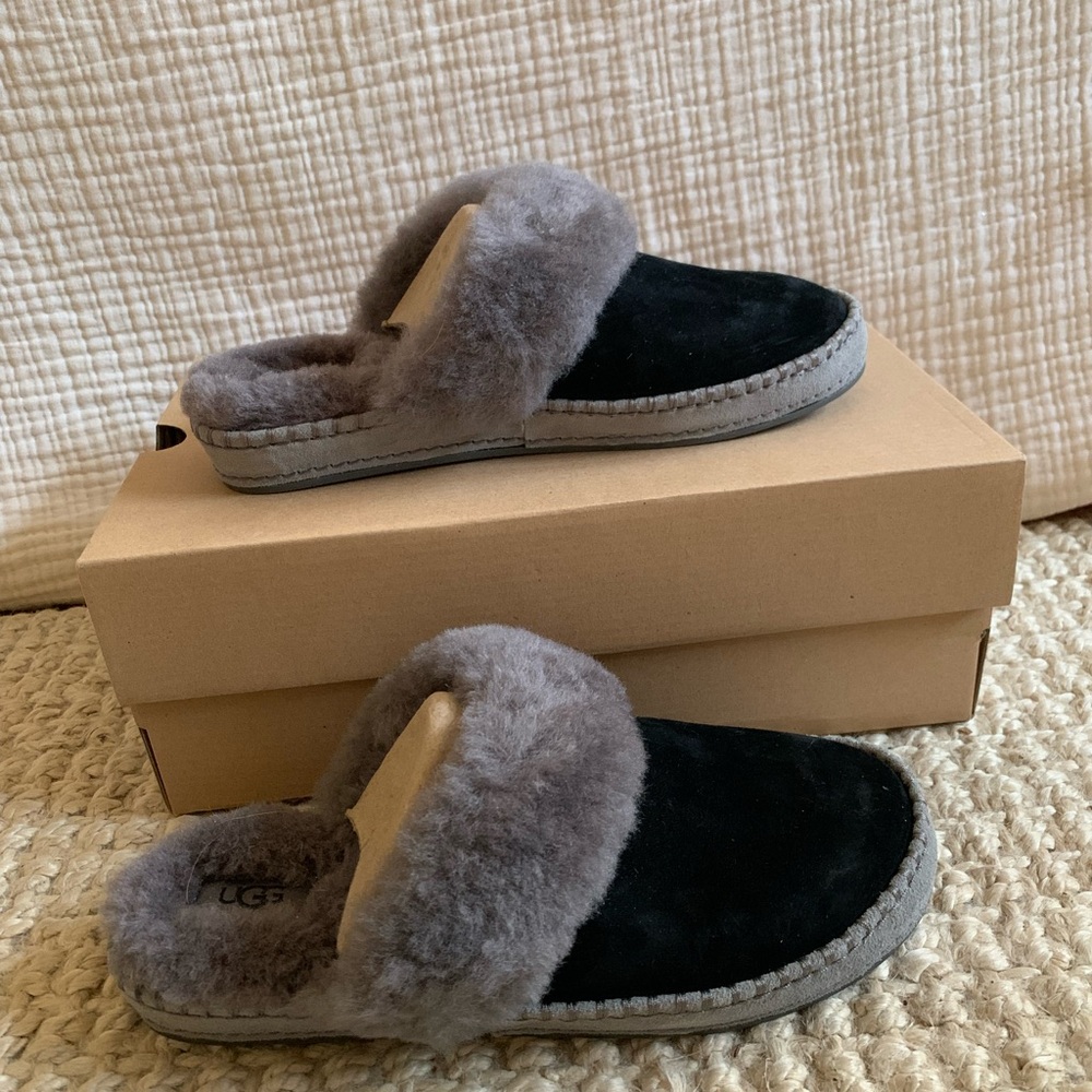 UGG Black and Gray Shearling Slippers